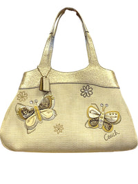 Coach Butterfly Appliqué Straw Tote Shoulder Bag and Wristlet Gold & Cream