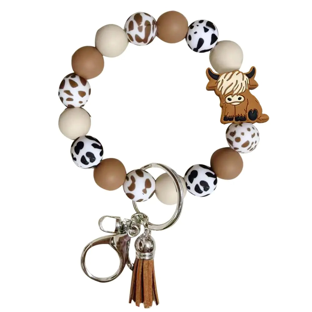 iMagitek Highland Cow Silicone Wristlet Keychain Highland Cow Elastic Bracelet Keychain Keyring Gift for Girls Women (Brown)