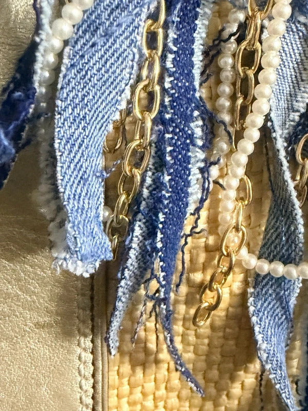 Boho Denim Purse Chain Charm Gold Pearl Fringe