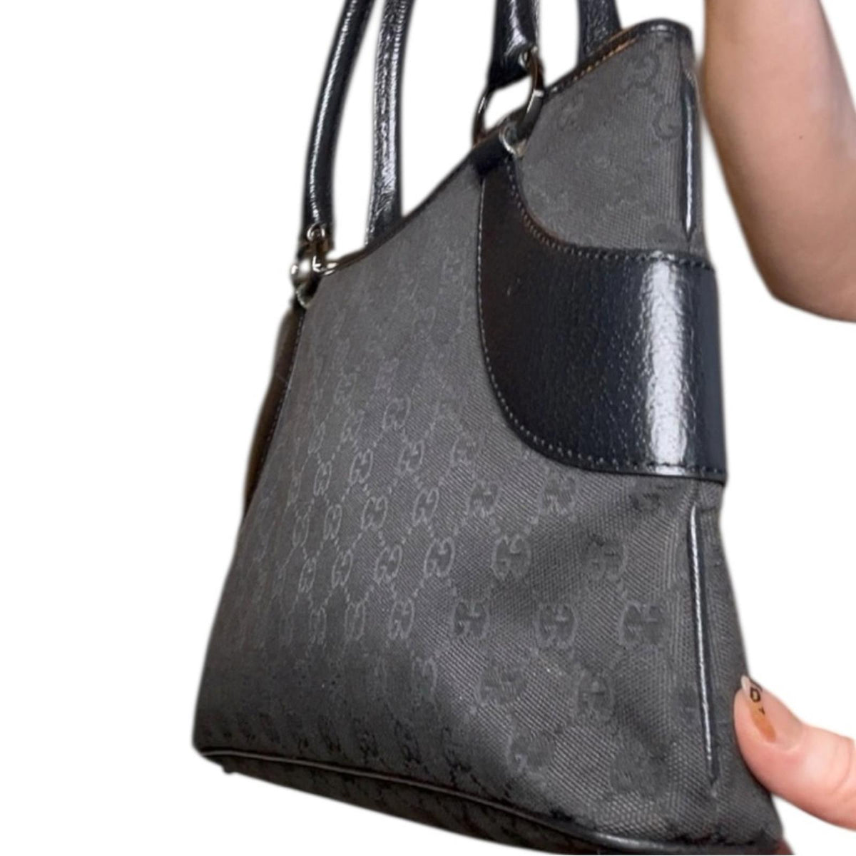 Gucci Black GG Canvas Tote Bag With Leather Trim