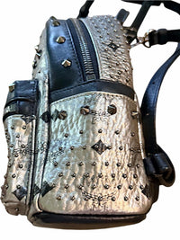 MCM Metallic Silver Studded Mini Backpack with Black Trim
