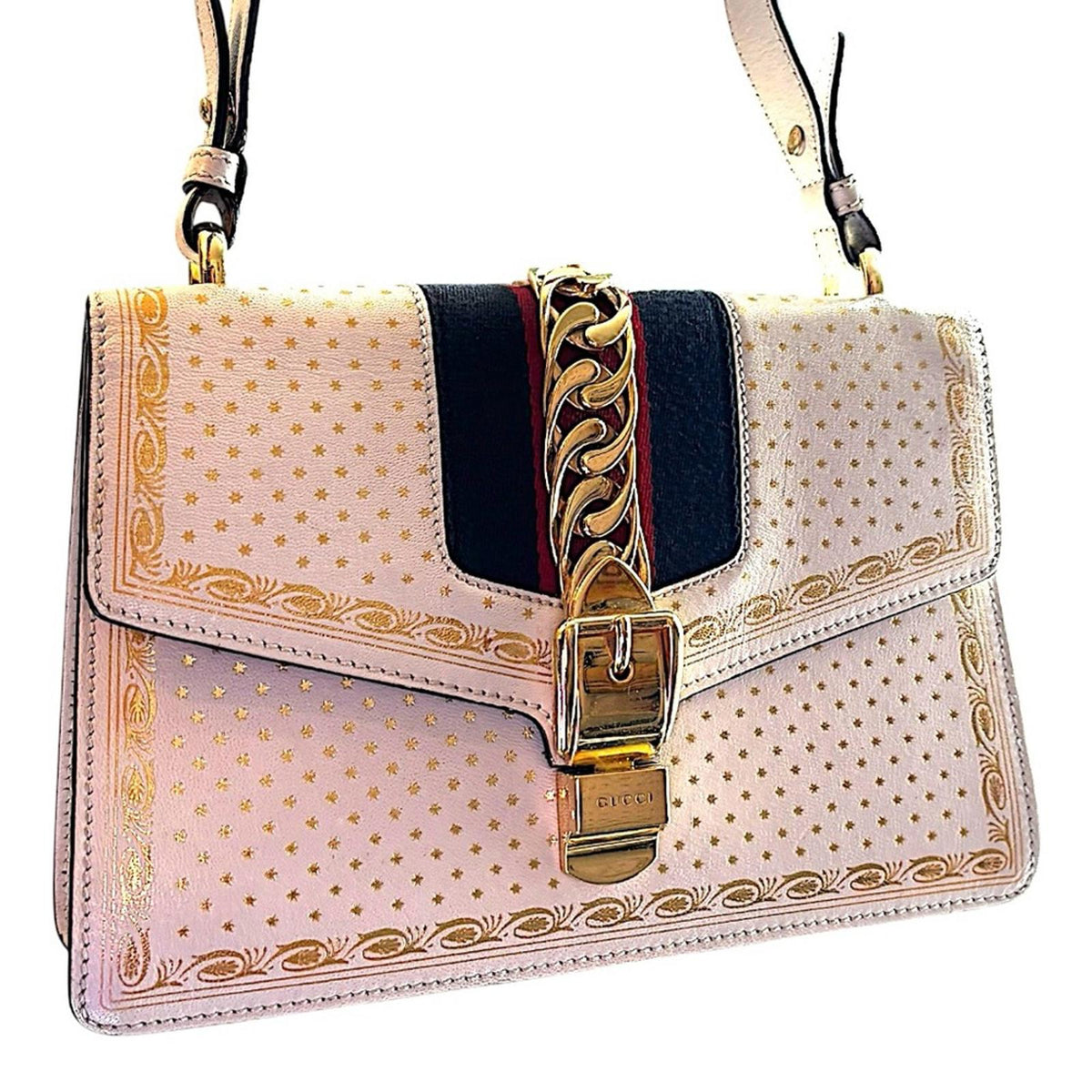 Gucci Sylvie Printed Leather Shoulder Bag White Gold Stars