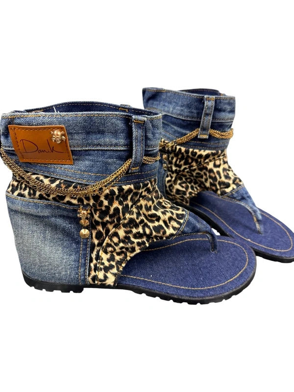 Rare Dani.K Denim Leopard Print Thong Sandals Skull Chain Women’s Size 9 NWOT