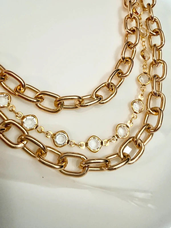 Gold Tone and Rhinestones Handbag Charm Chain layered with gold tone hardware