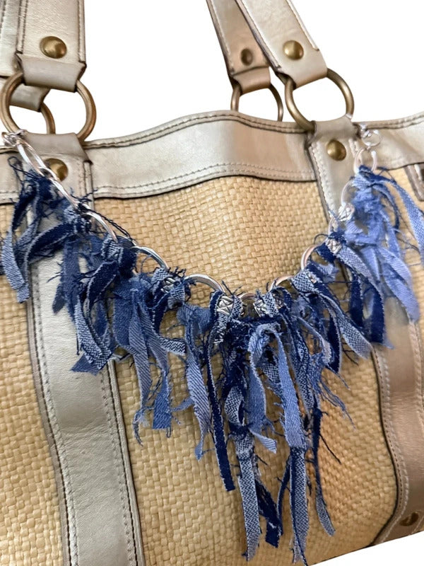 Boho Denim Bag Chain Charm Blue denim Fringe Purse Accessory 13”