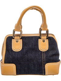 Dolce & Gabbana Blue Denim and Tan Leather Handbag with Leopard Print Lining and Fringe Detail - Very Good Condition