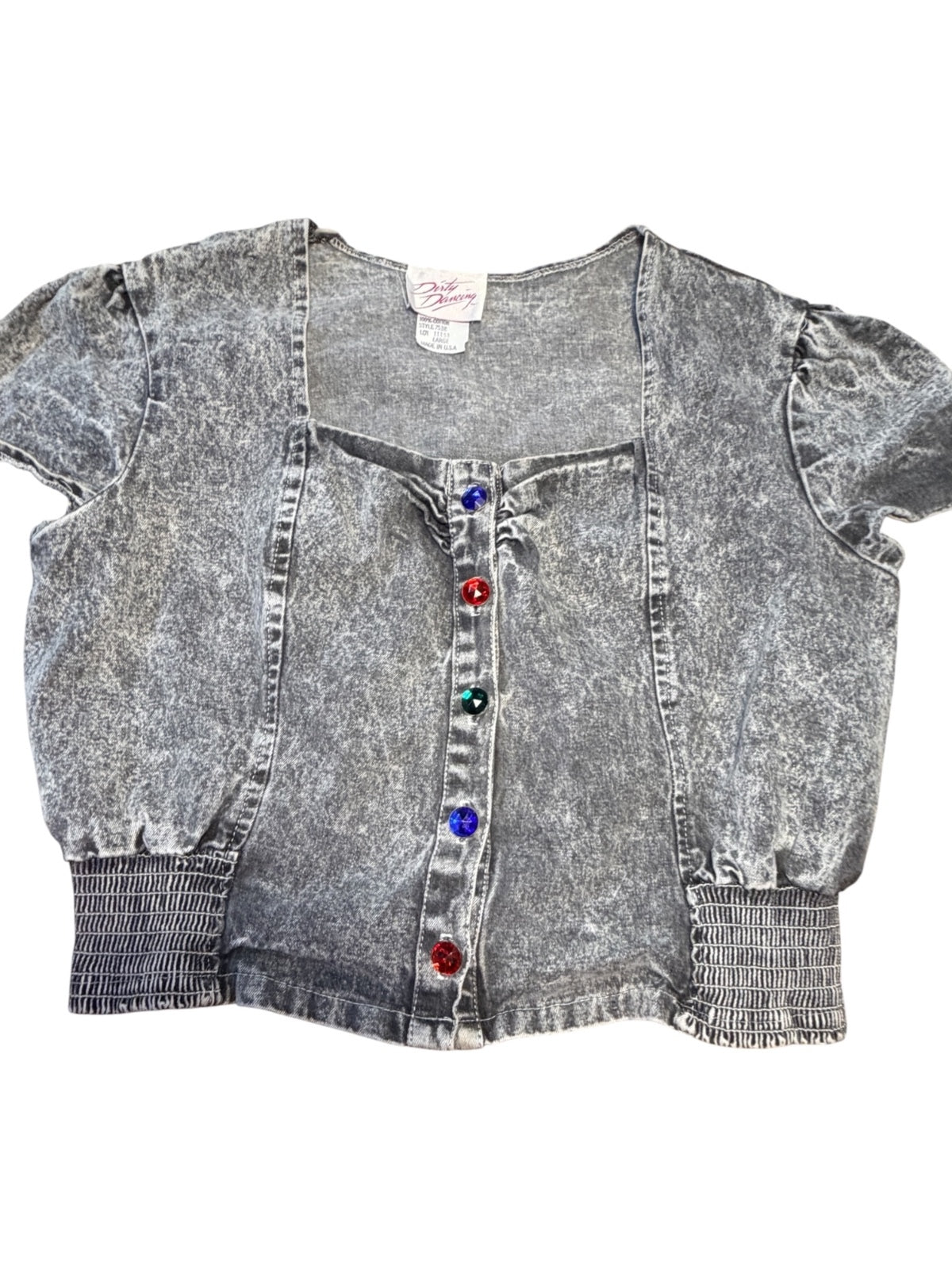 Vintage 80s Dirty Dancing Acid Wash Denim Crop Top Jeweled Buttons Size Large