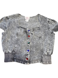 Vintage 80s Dirty Dancing Acid Wash Denim Crop Top Jeweled Buttons Size Large