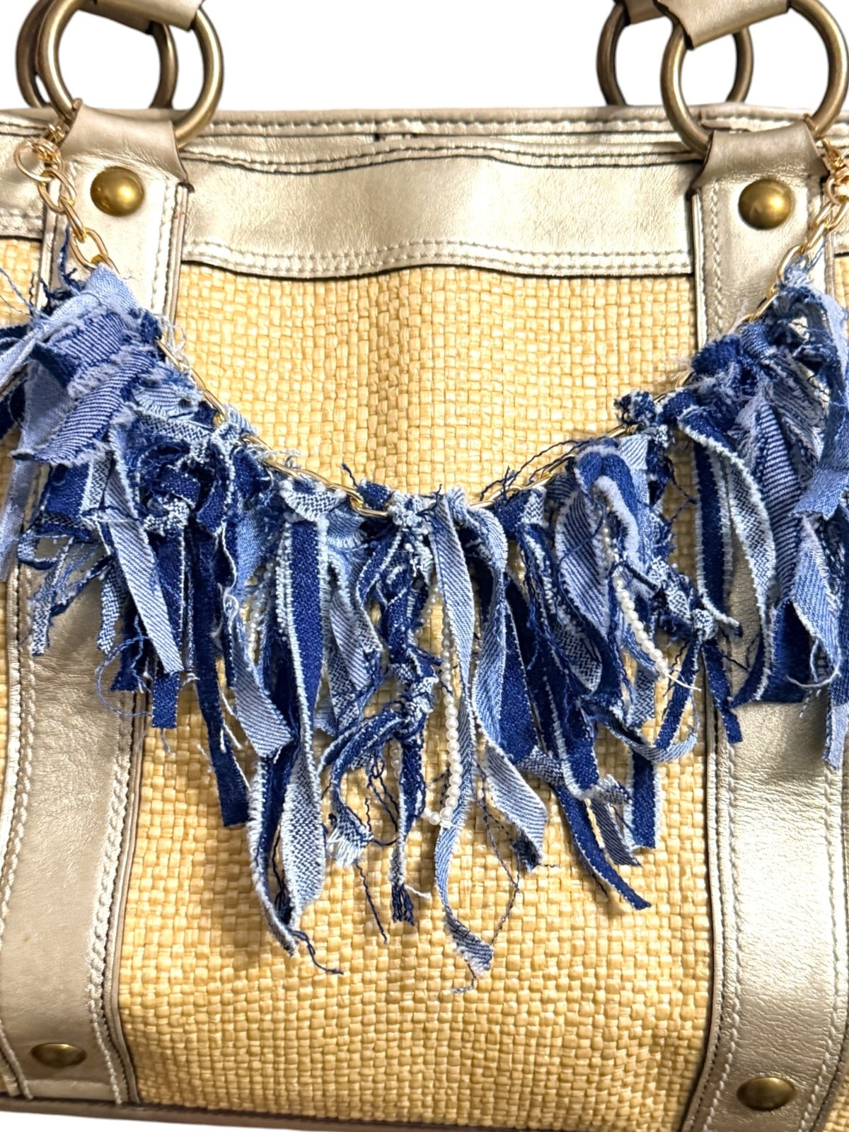 Boho Denim Purse Chain Charm Gold Pearl Fringe