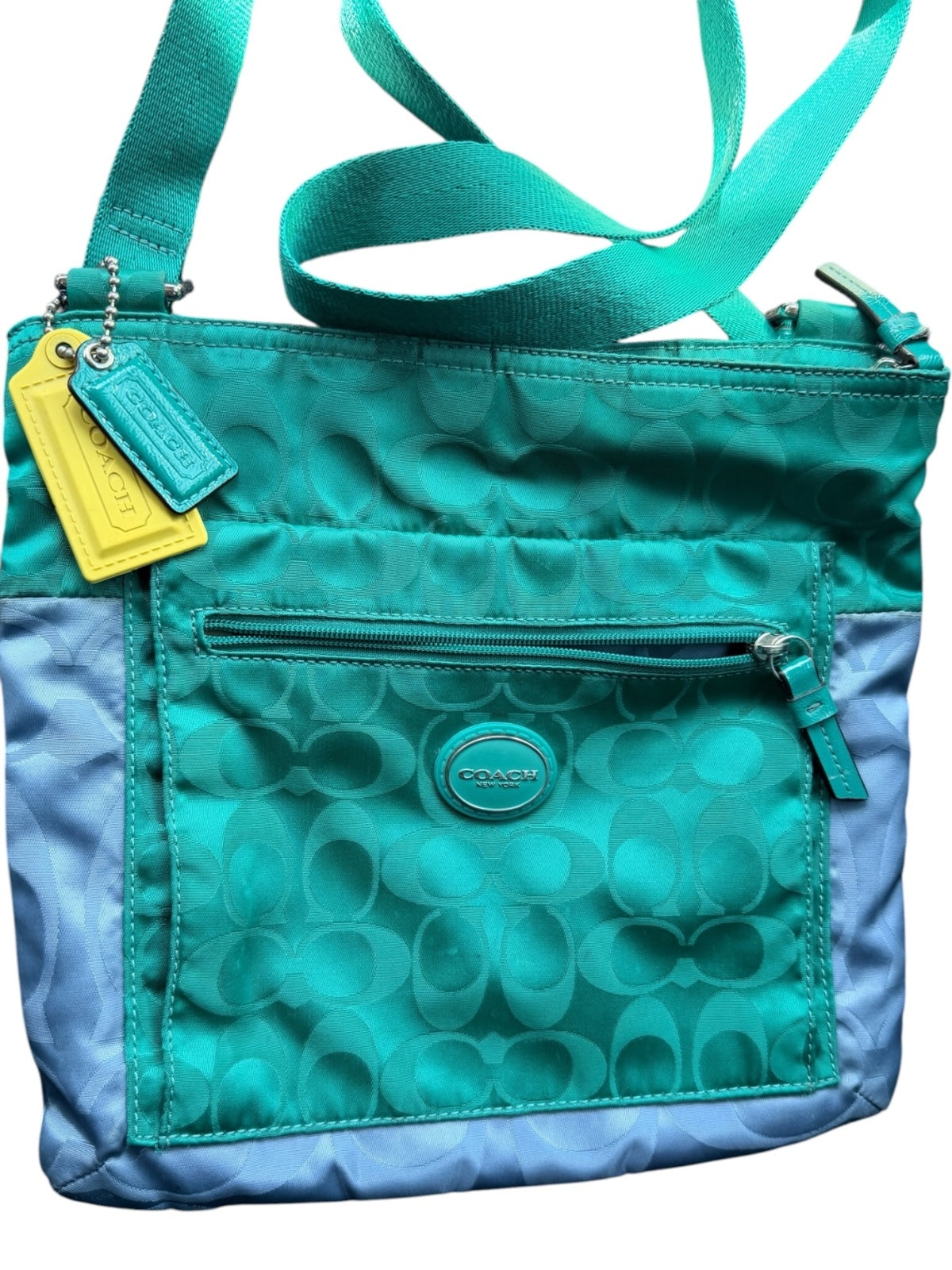 Coach Signature Nylon Swingpack Crossbody Bag Teal Blue Colorblock