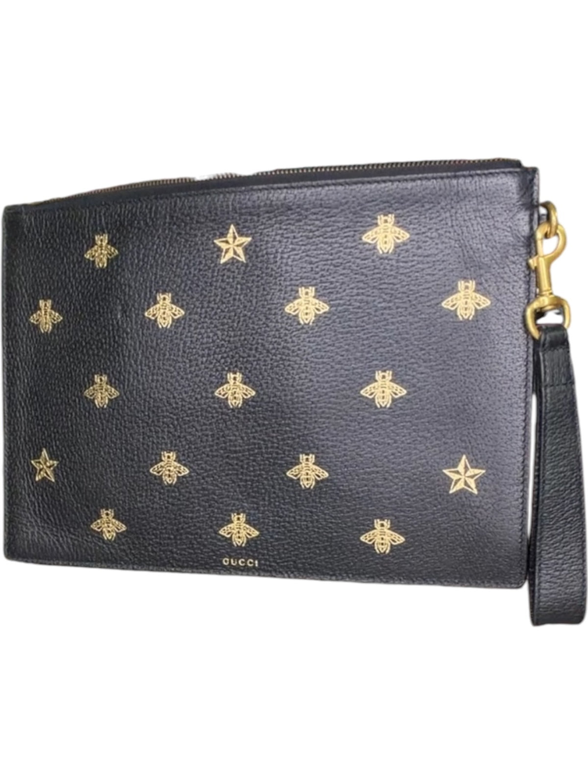 Gucci Bee Star Leather Zip Wristlet Clutch Black Gold Animalier Pouch Wallet