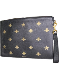 Gucci Bee Star Leather Zip Wristlet Clutch Black Gold Animalier Pouch Wallet