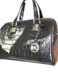 Michael Kors Grayson Medium Duffle Satchel Black Embossed Croc Crossbody NWT