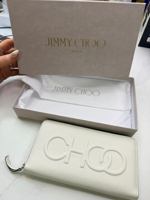Jimmy Choo Bettina Milk White Leather Embossed Zip Wallet full inclusion new