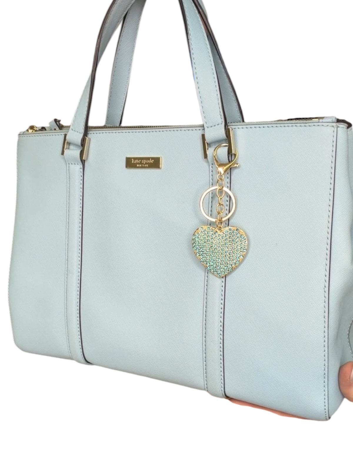 Kate Spade New York Light Blue Leather Satchel Tote Bag with Heart Charm