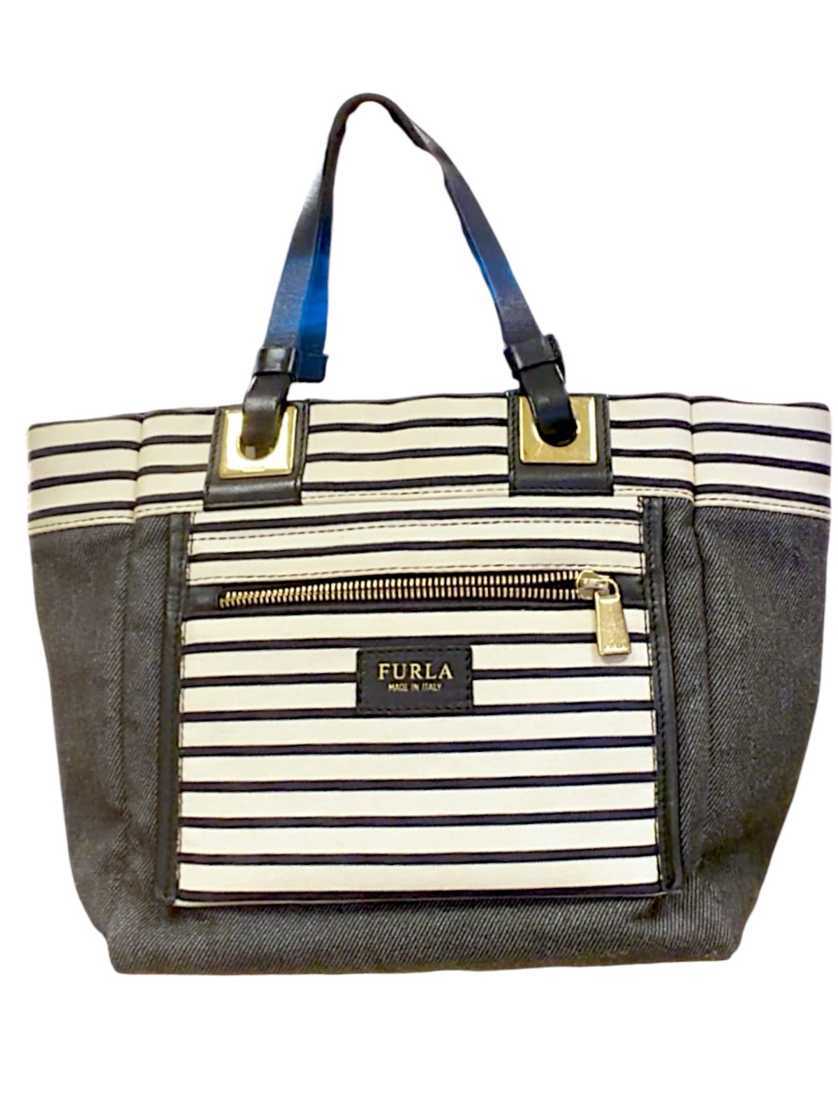 Furla Denim and Striped Canvas Tote Bag with Leather Handles