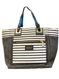 Furla Denim and Striped Canvas Tote Bag with Leather Handles