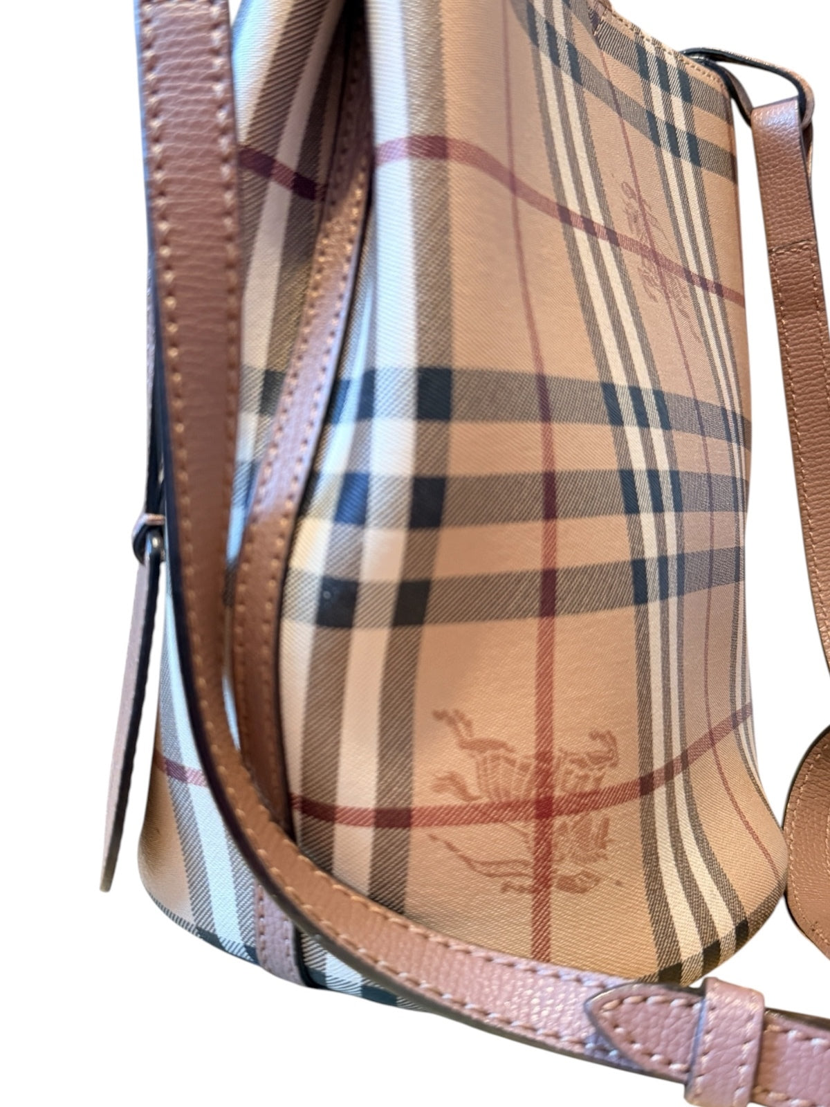 Burberry Haymarket Check Lorne Bucket Bag Pink Leather Crossbody with COA