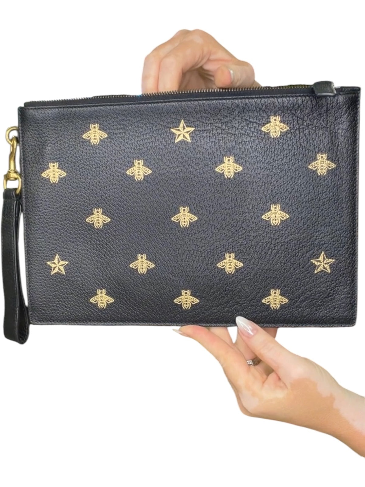 Gucci Bee Star Leather Zip Wristlet Clutch Black Gold Animalier Pouch Wallet
