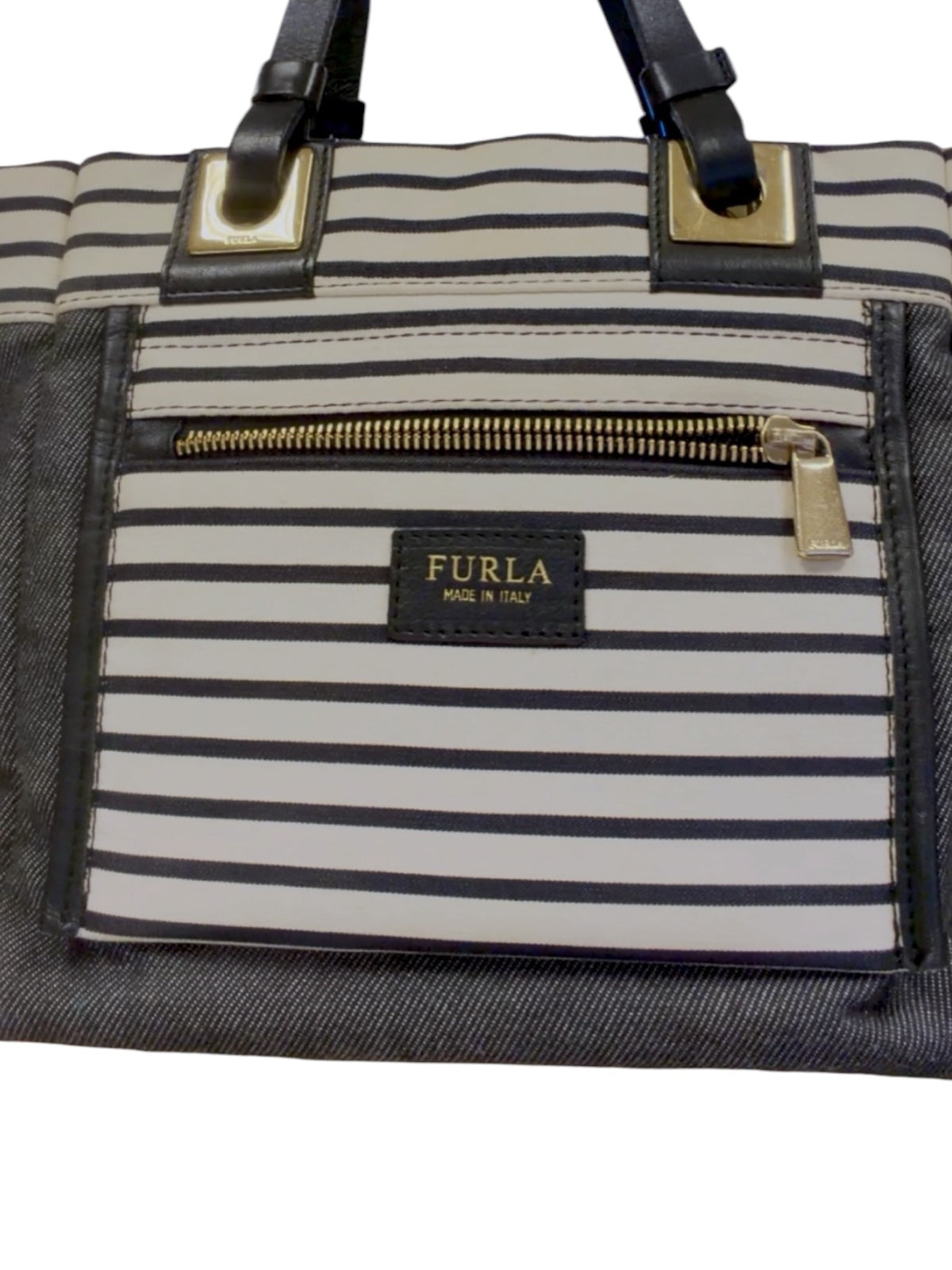 Furla Denim and Striped Canvas Tote Bag with Leather Handles