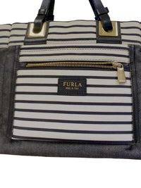 Furla Denim and Striped Canvas Tote Bag with Leather Handles