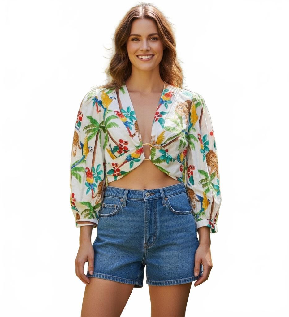 Farm Rio Tropical Print Cropped Blouse with Puff Sleeves and Front Ring Detail,