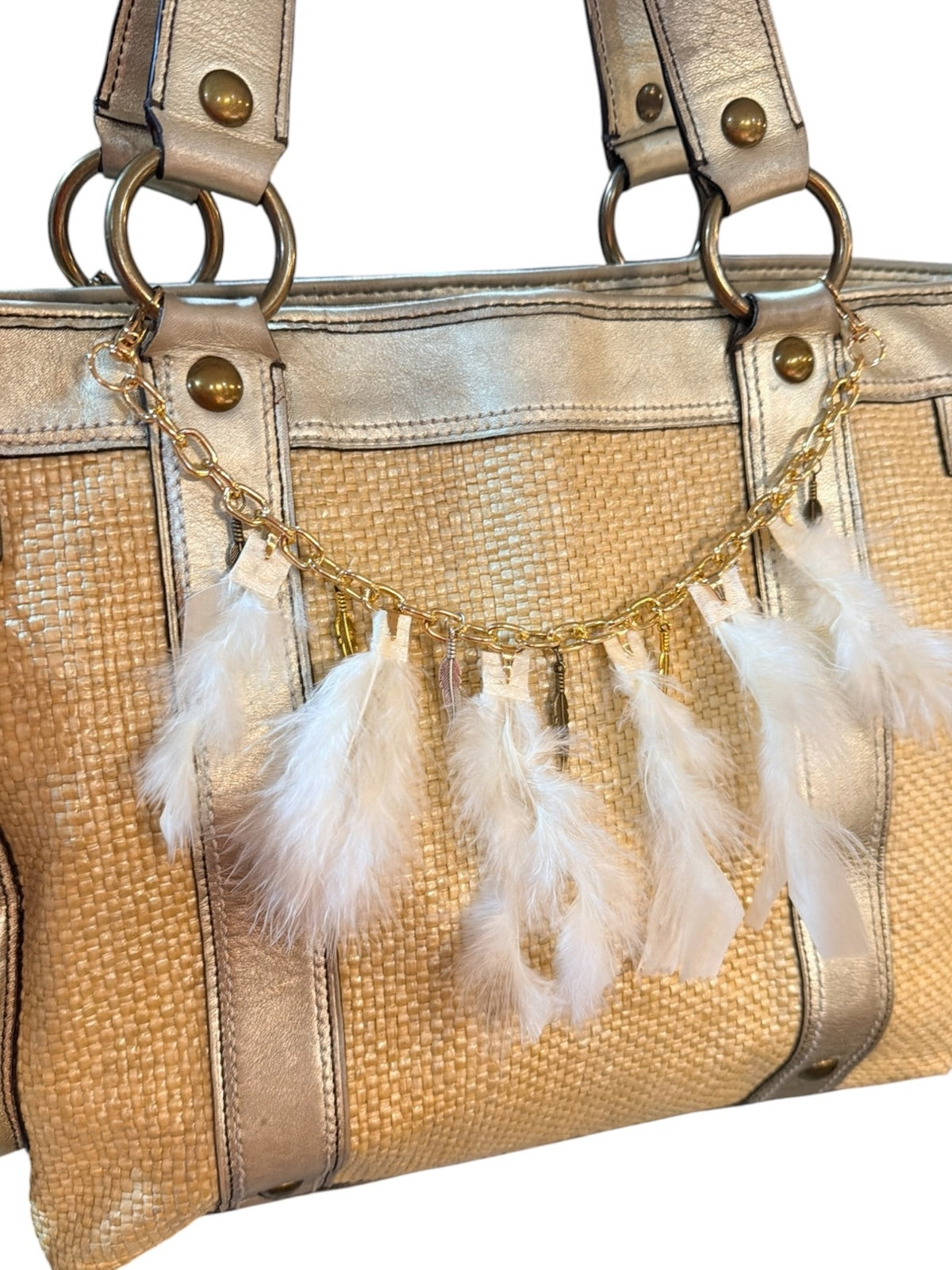 Boho Feather Handbag Purse Charm Chain Gold Tone