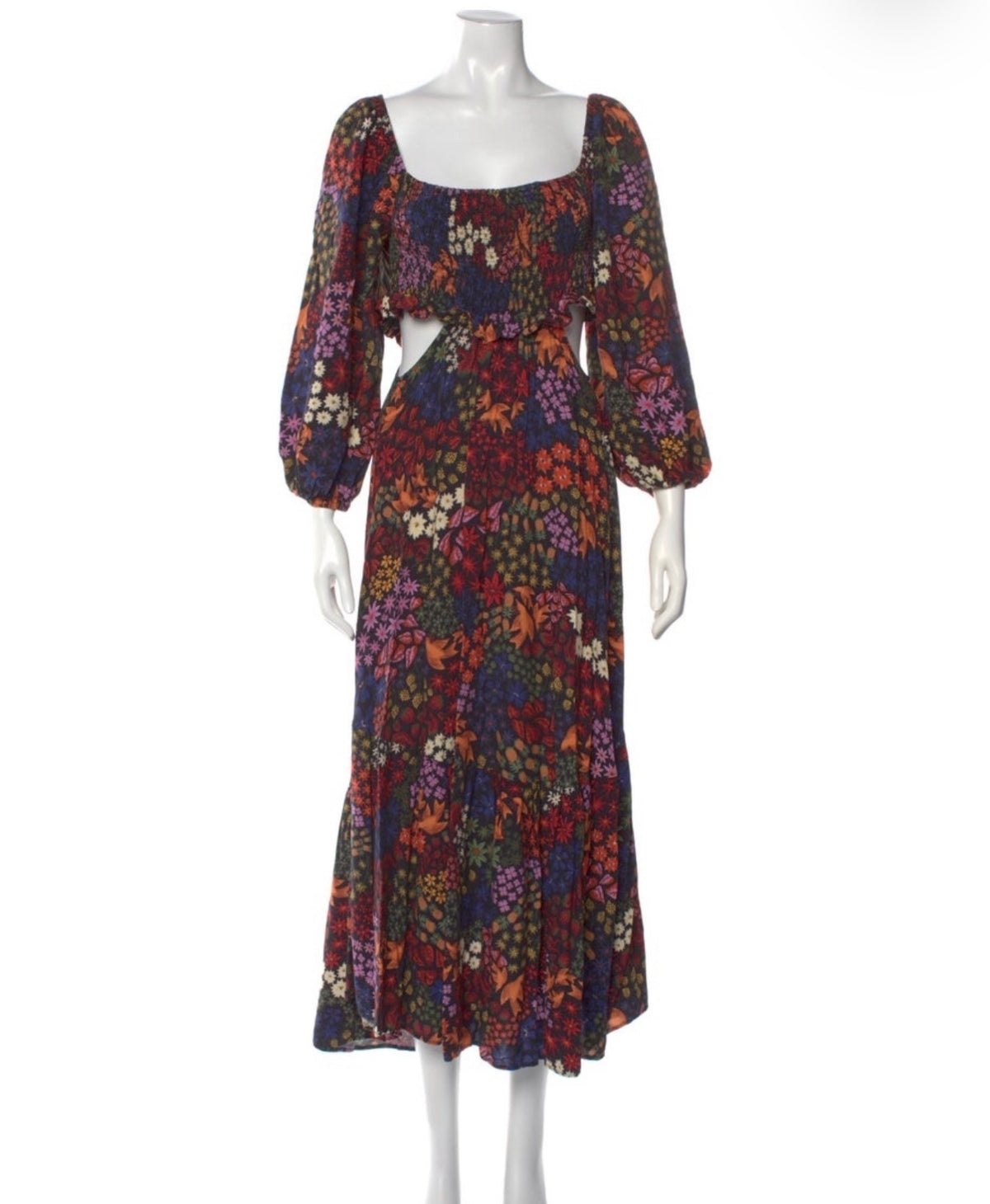 Farm Rio Floral Print Long Sleeve Cutout Maxi Dress