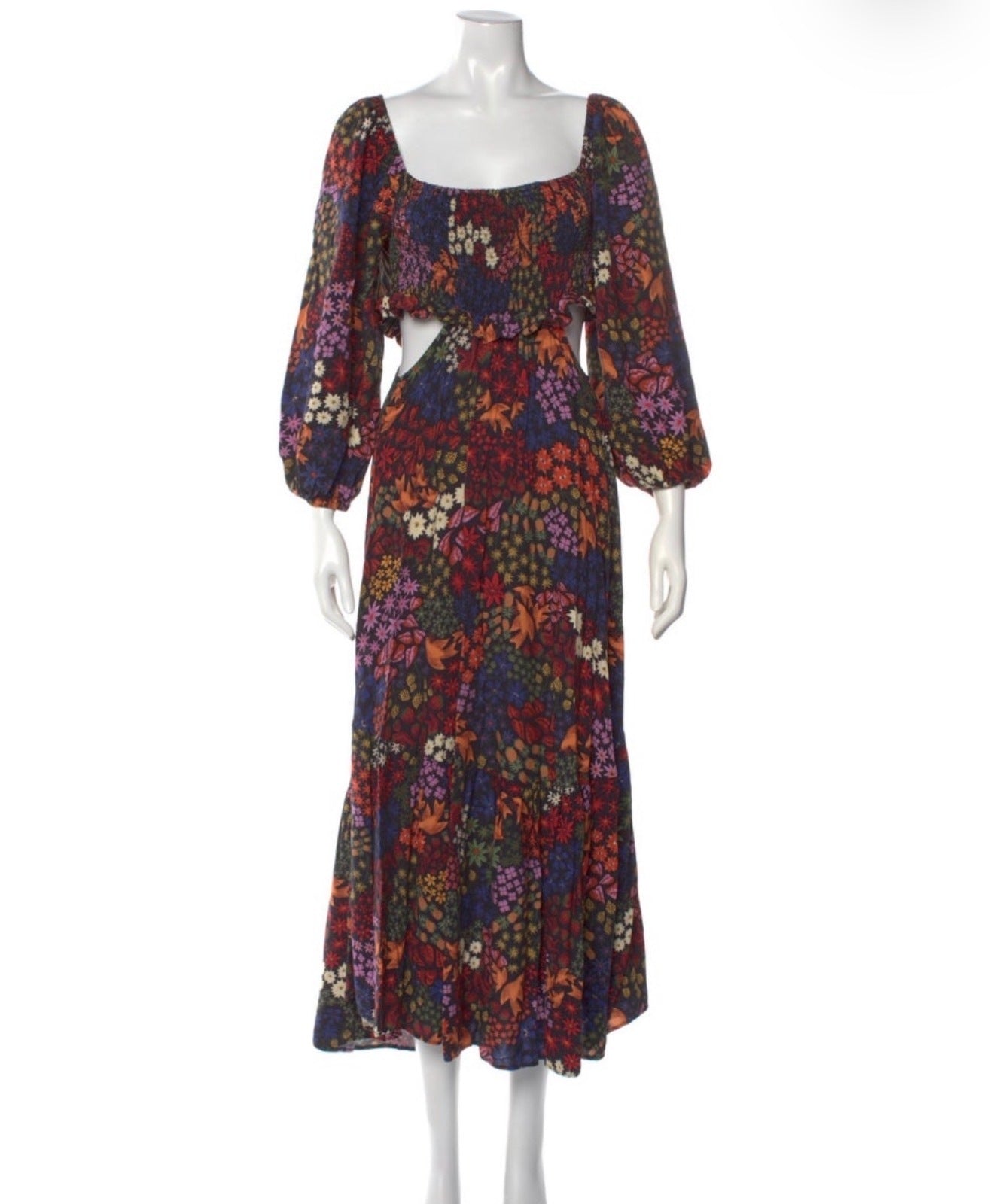 Farm Rio Floral Print Long Sleeve Cutout Maxi Dress