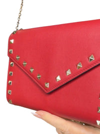 Valentino Garavani Rockstud Red Leather Crossbody Bag with Gold Chain