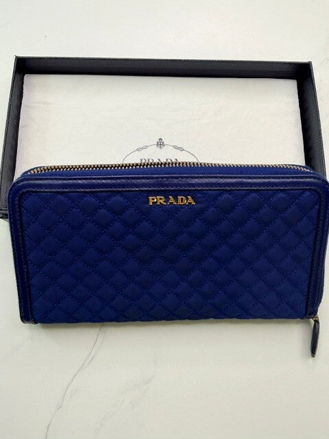 Prada Royal Blue Quilted Nylon Leather Zip Around Continental Wallet