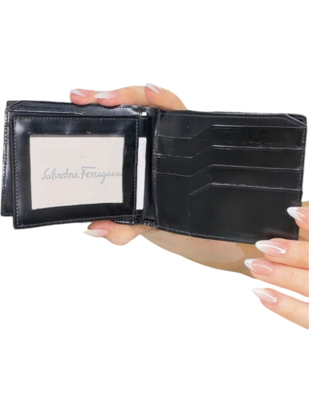 Salvatore Ferragamo Black Leather Bifold Wallet Silver Logo Made in Italy Men’s