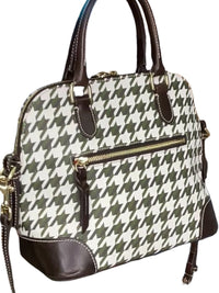 Dooney & Bourke Houndstooth Satchel Green White Brown Leather Trim Crossbody Bag