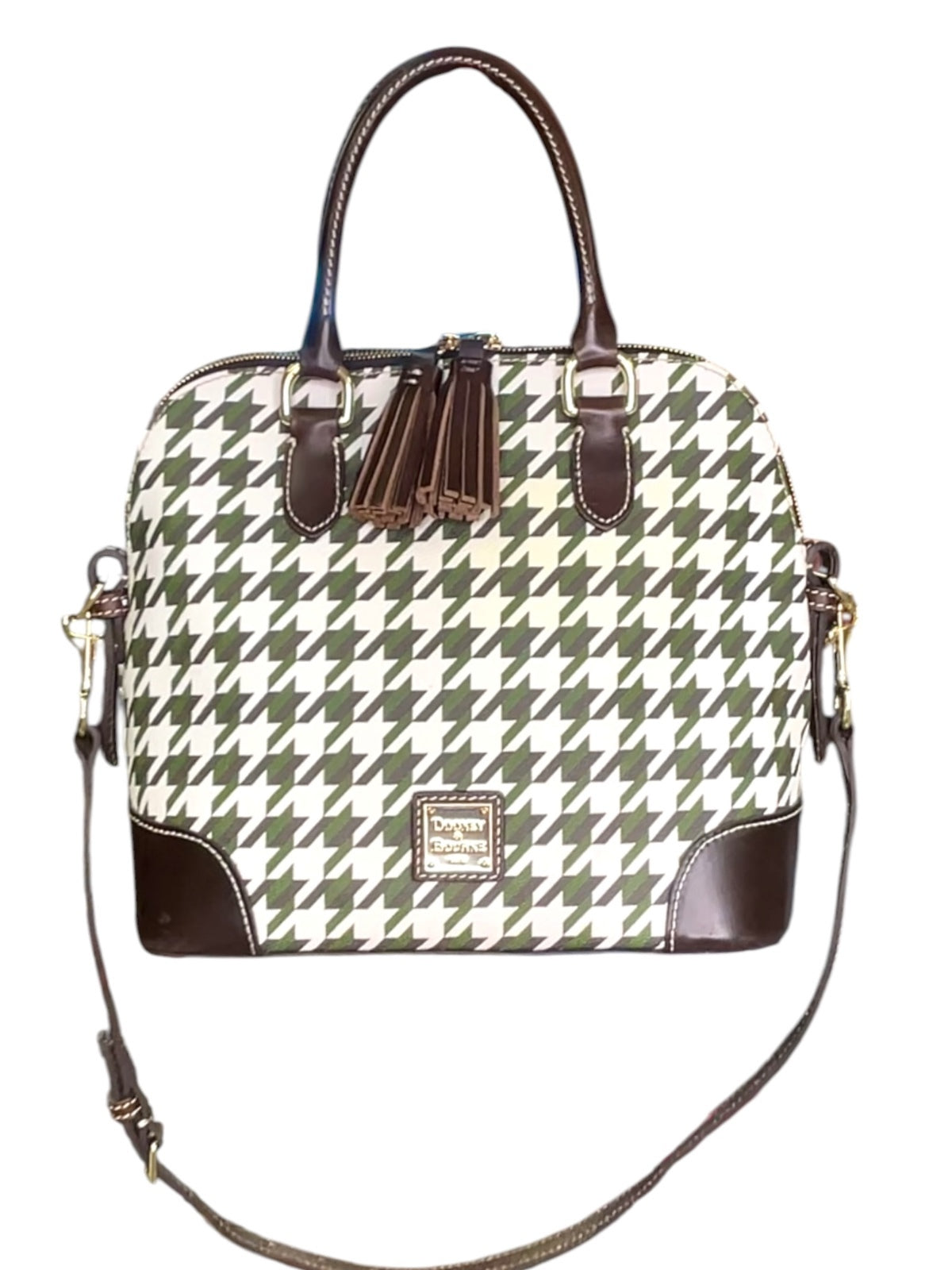 Dooney & Bourke Houndstooth Satchel Green White Brown Leather Trim Crossbody Bag