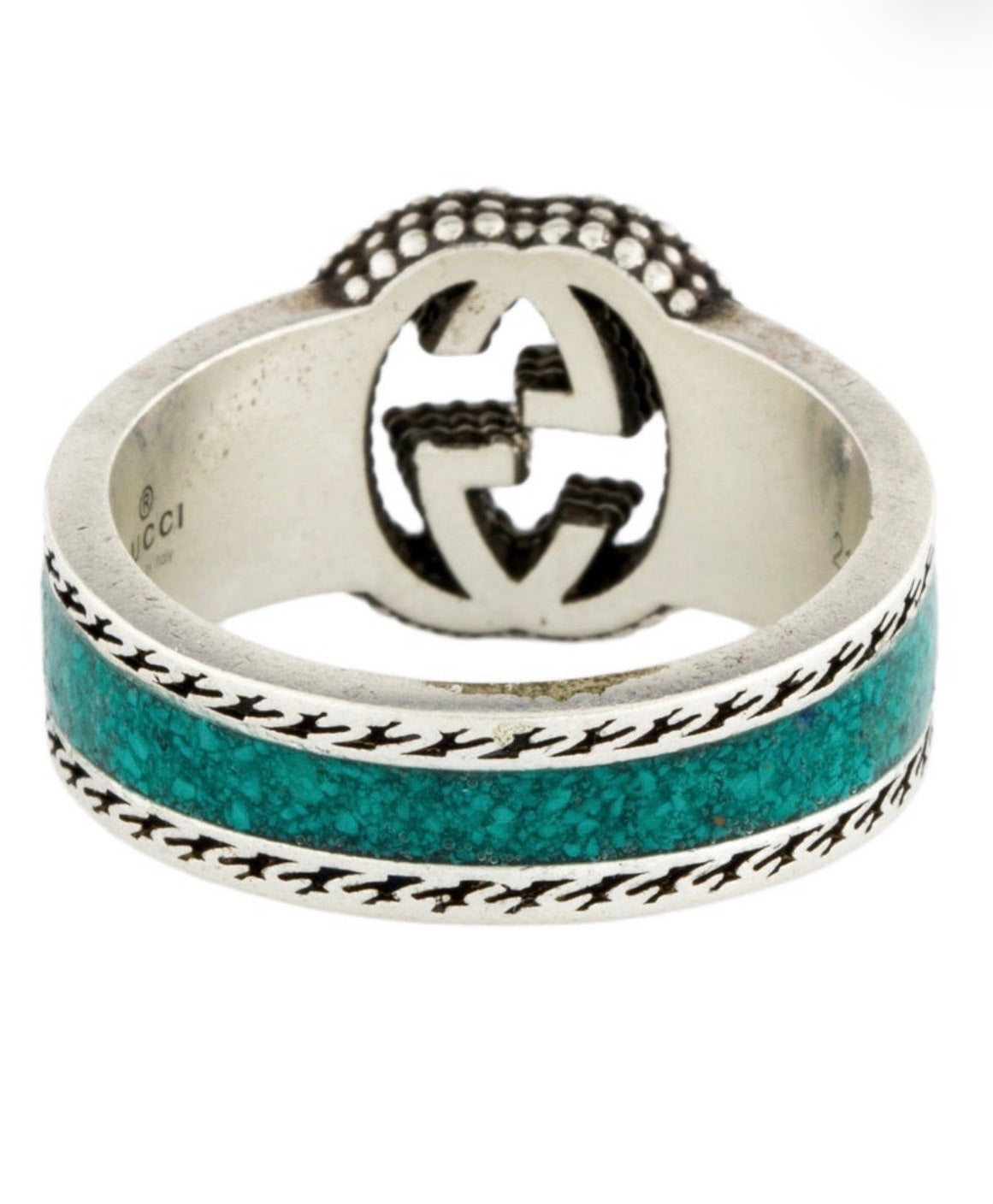 Gucci Interlocking G Ring Sterling Silver Turquoise Enamel Band size 9.25