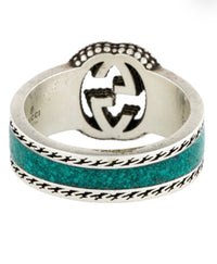 Gucci Interlocking G Ring Sterling Silver Turquoise Enamel Band size 9.25
