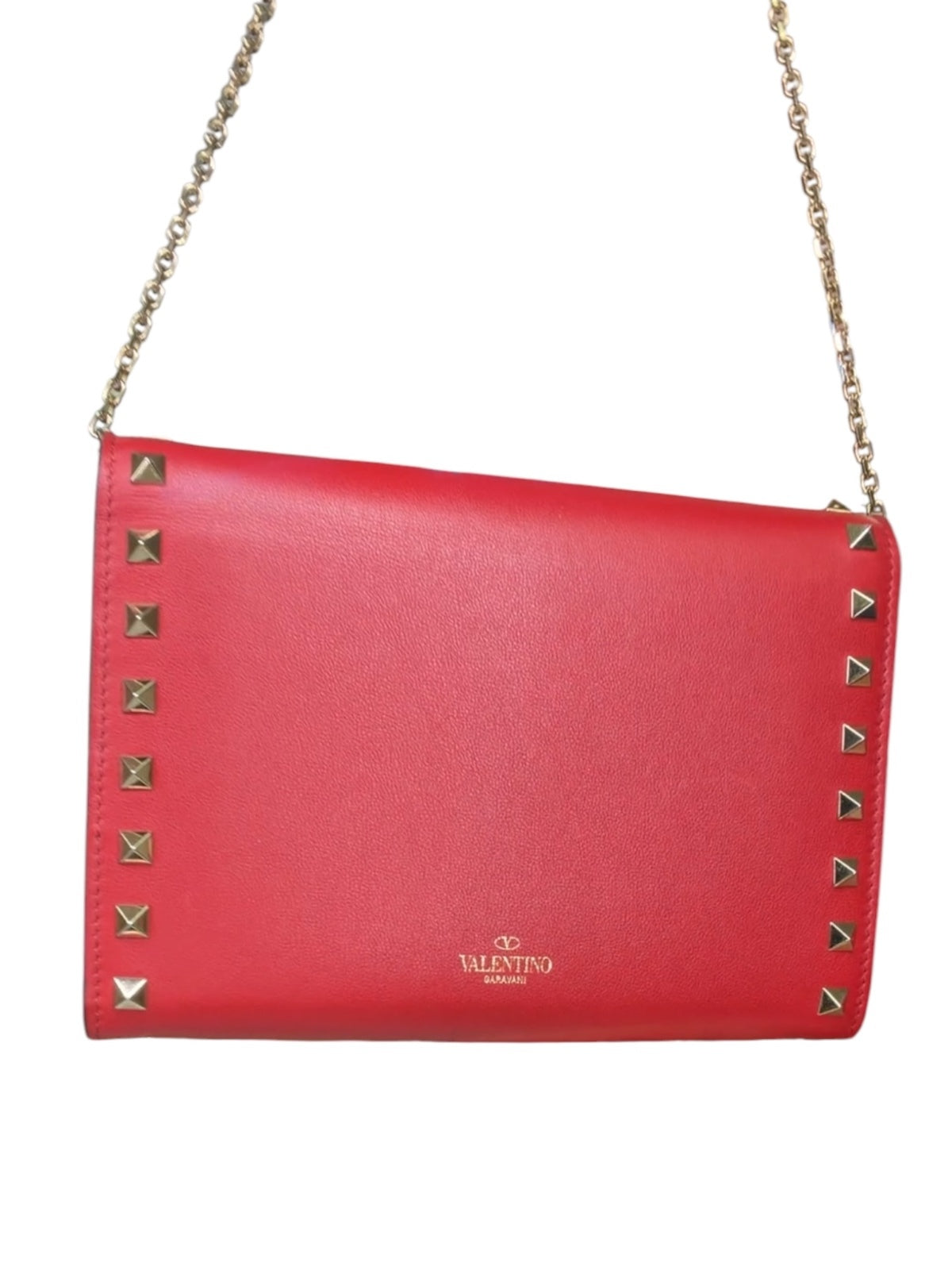 Valentino Garavani Rockstud Red Leather Crossbody Bag with Gold Chain