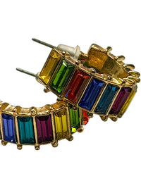 Rainbow Multicolor Baguette Rhinestone Gold Tone Hoop Earrings Statement Jewelry