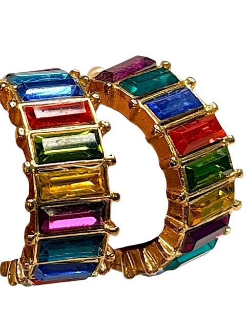 Rainbow Multicolor Baguette Rhinestone Gold Tone Hoop Earrings Statement Jewelry