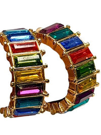 Rainbow Multicolor Baguette Rhinestone Gold Tone Hoop Earrings Statement Jewelry