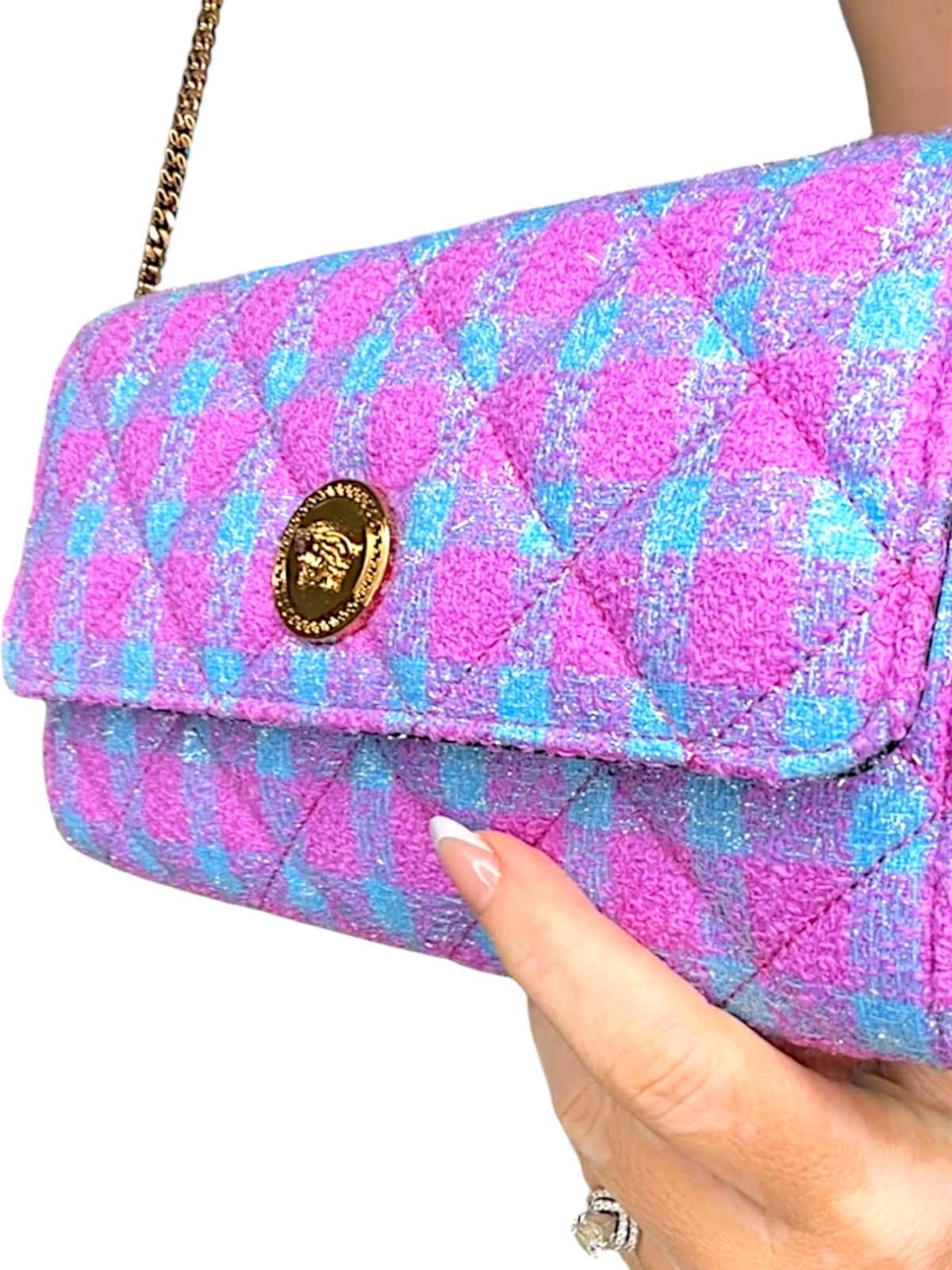 Versace La Medusa Bouclé Quilted Tweed Wallet on Chain Pink Blue Gold Crossbody