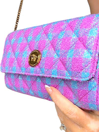 Versace La Medusa Bouclé Quilted Tweed Wallet on Chain Pink Blue Gold Crossbody