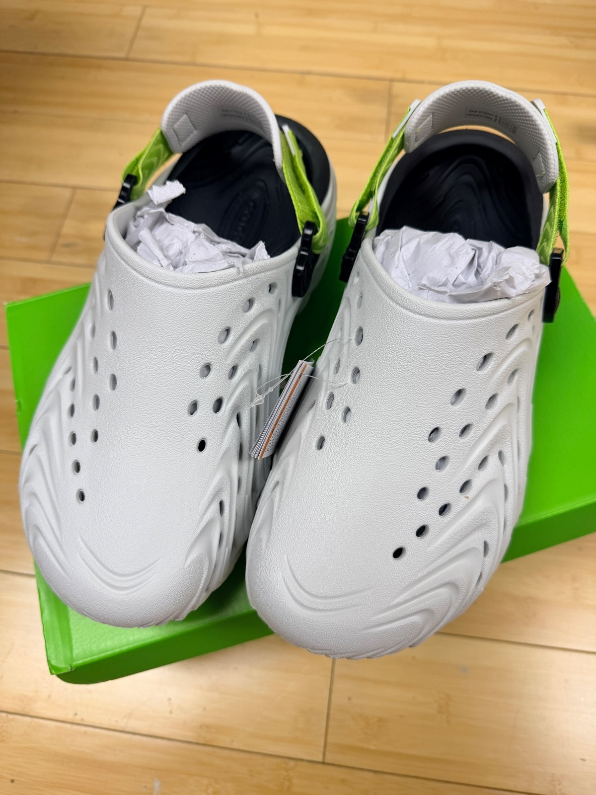 Crocs Men's White and Neon Green Classic Clog Sandals Size 10