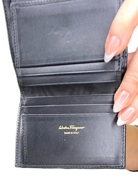 Salvatore Ferragamo Black Leather Wallet with Pink and Gold Flower Accent