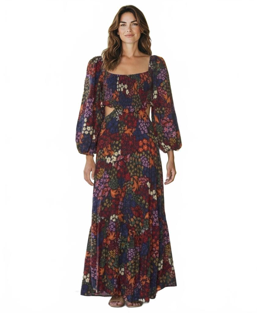 Farm Rio Floral Print Long Sleeve Cutout Maxi Dress