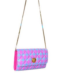 Versace La Medusa Bouclé Quilted Tweed Wallet on Chain Pink Blue Gold Crossbody