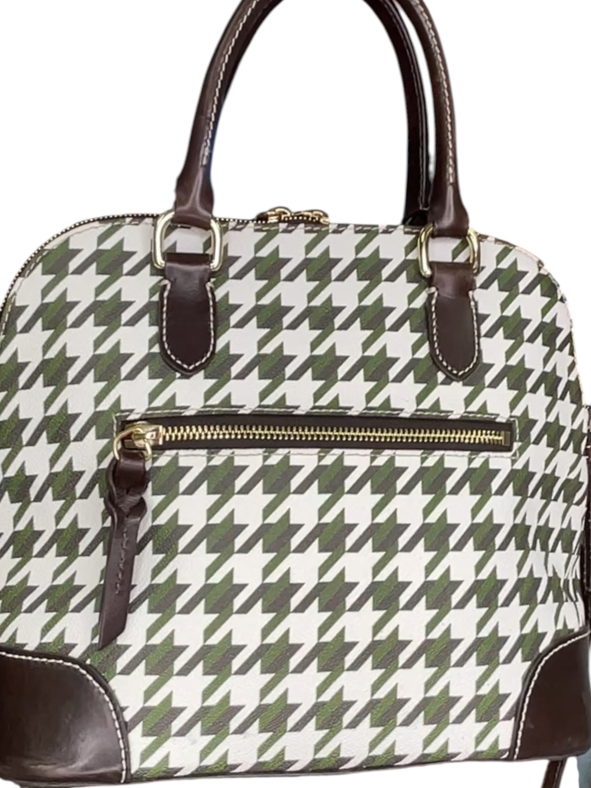Dooney & Bourke Houndstooth Satchel Green White Brown Leather Trim Crossbody Bag
