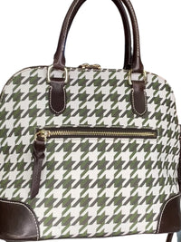 Dooney & Bourke Houndstooth Satchel Green White Brown Leather Trim Crossbody Bag