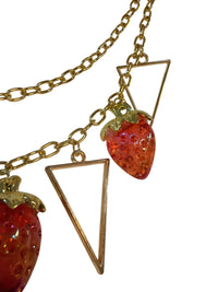 Gold Tone Double-Chain Bag Charm with Red Strawberry and Triangle Charms