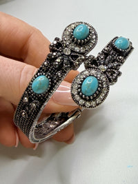Vintage Style Silver Tone Bracelet with Turquoise and Crystal Accents